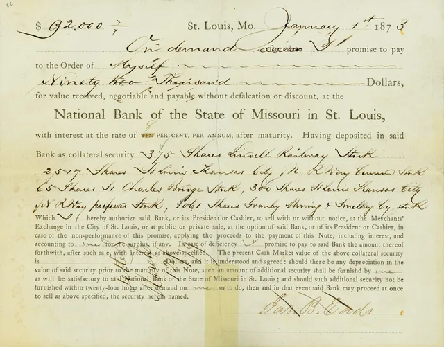 Loan taken out by Eads using shares of various companies as collateral. Title: Loan for $92,000 from National Bank of the State of Missouri in St. Louis to James B. Eads, January 1, 1873. Lenders for term loans: what each institution is actually built to do well