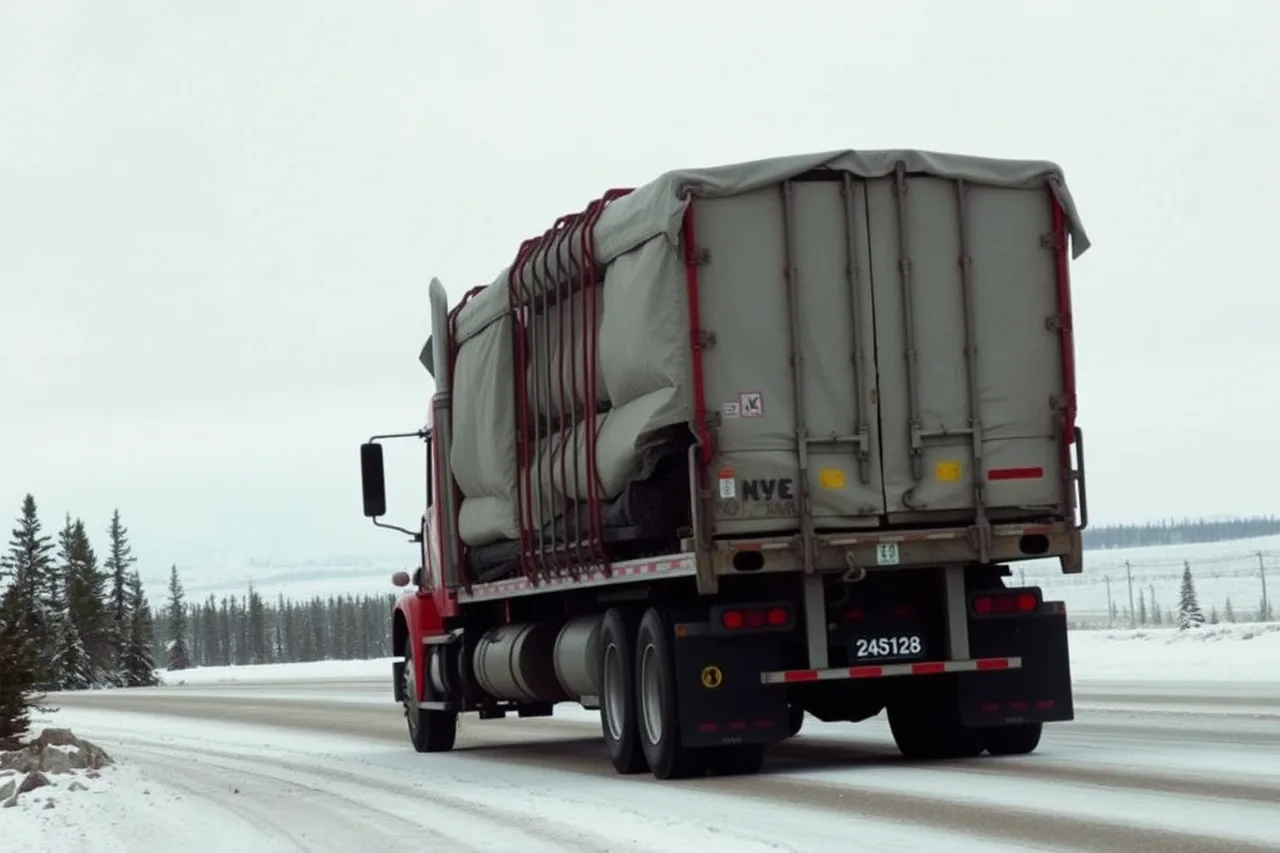 Loaded truck on the snow-dusted Mackenzie Highway in winter (Do federal northern loan programs fit Yukon, NWT and Nunavut transport costs?)